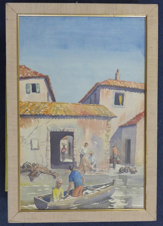 Juliet Pannett (1911-2005) Fishermen on the shore, 56 x 36cm